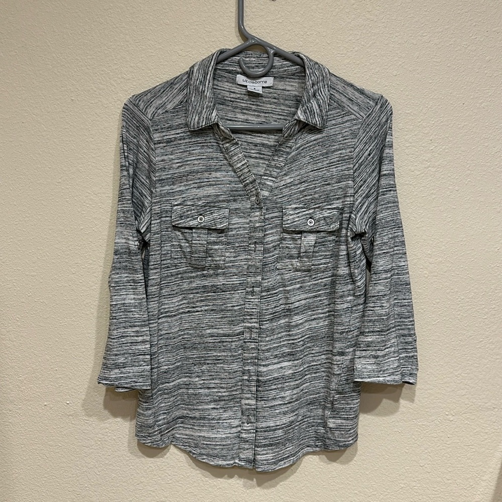 Liz Claiborne Gray and White Blouse—Size M